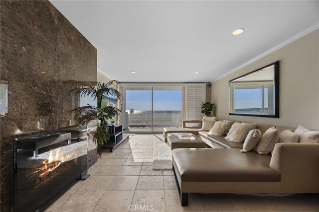 living room with crown molding