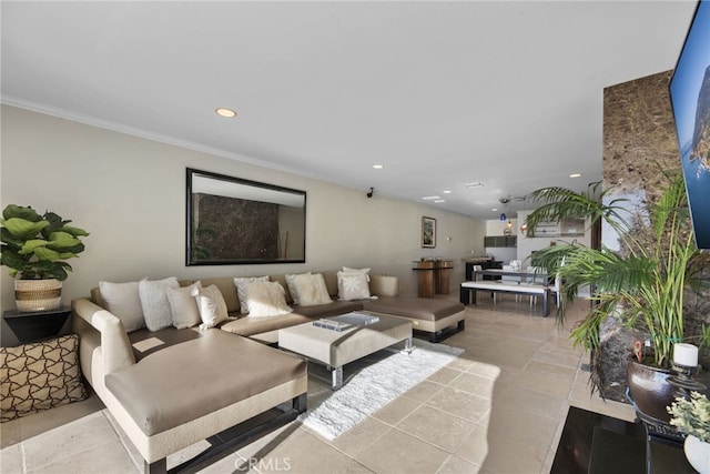 tiled living room with crown molding