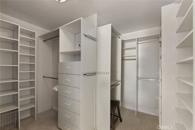 walk in closet featuring light colored carpet