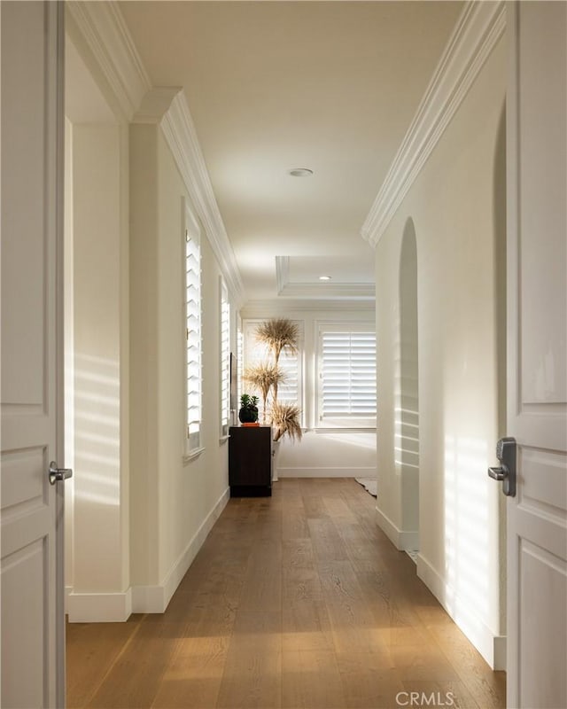 corridor with crown molding and light wood-type flooring