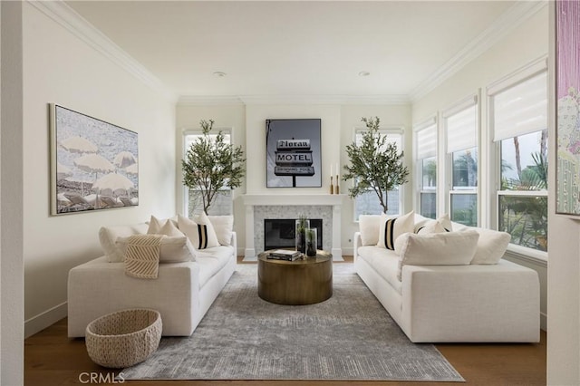 living room with wood-type flooring and crown molding