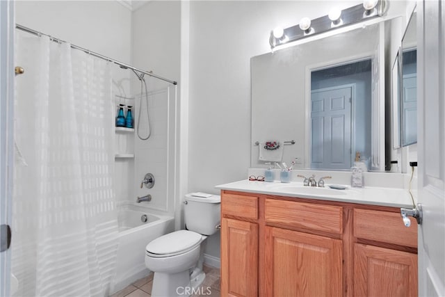 full bathroom with vanity, shower / tub combo, toilet, and tile patterned floors