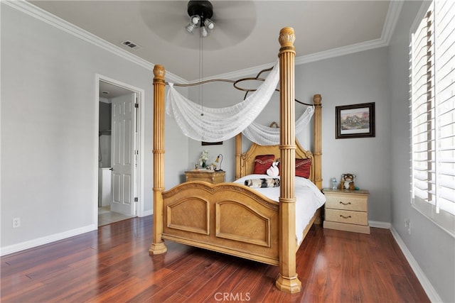 bedroom featuring ceiling fan, crown molding, and dark hardwood / wood-style flooring