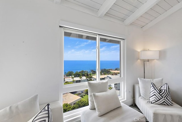 sitting room featuring wooden ceiling, lofted ceiling with beams, a water view, and a healthy amount of sunlight