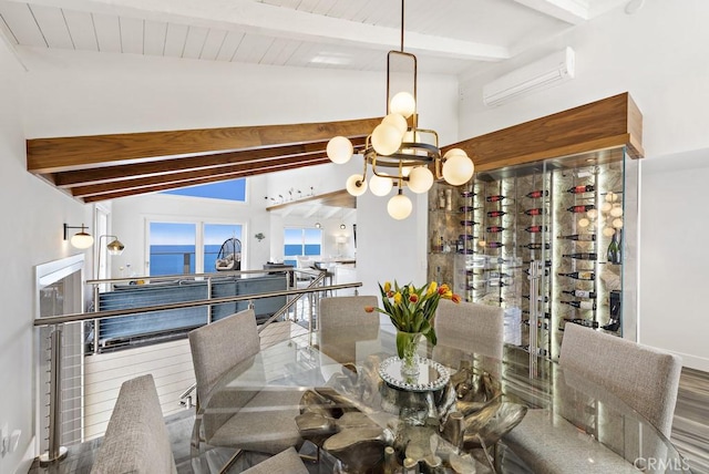 dining area featuring a wall mounted AC, vaulted ceiling with beams, and a notable chandelier