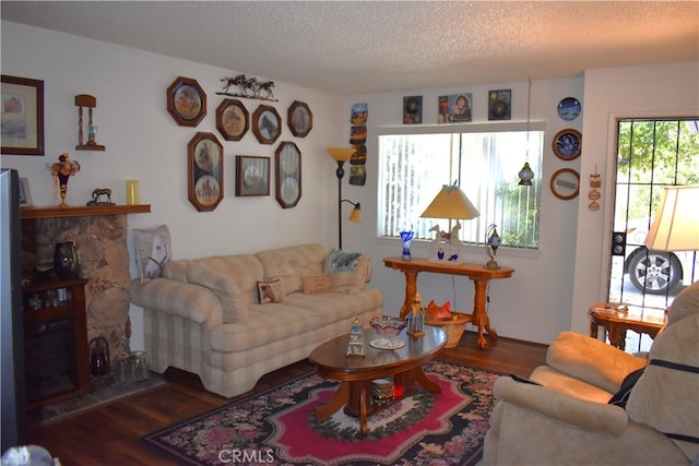 living room featuring hardwood / wood-style flooring and a textured ceiling