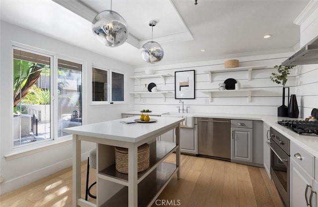 kitchen with gray cabinets, appliances with stainless steel finishes, hanging light fixtures, light hardwood / wood-style flooring, and sink