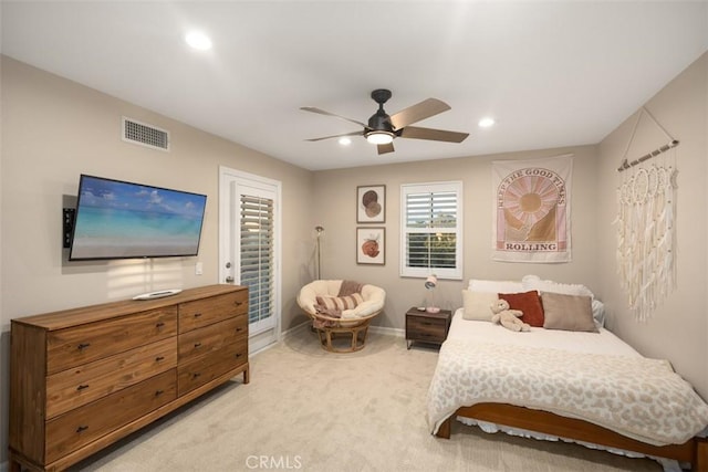 bedroom featuring ceiling fan and carpet floors