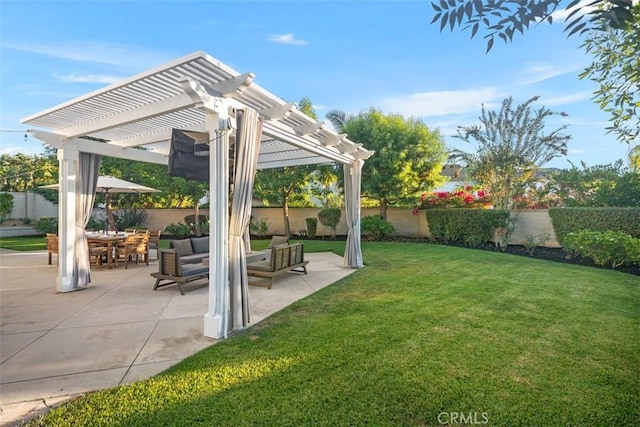 view of yard with outdoor lounge area, a patio area, and a pergola