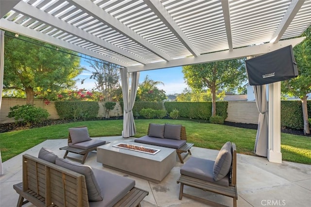 view of patio featuring an outdoor living space with a fire pit and a pergola