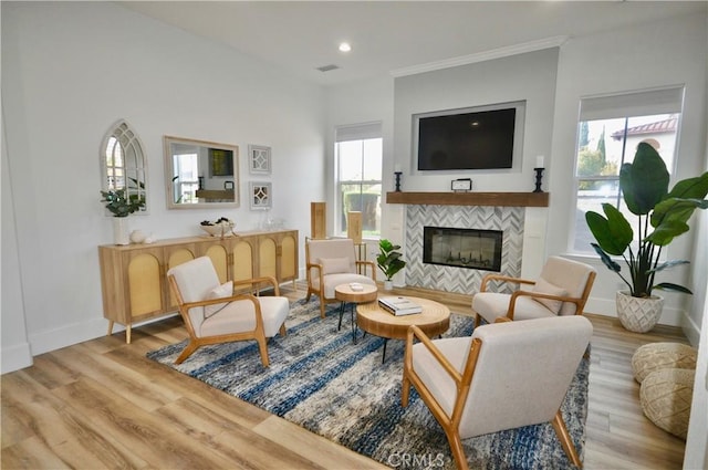 living room featuring light hardwood / wood-style flooring and a fireplace