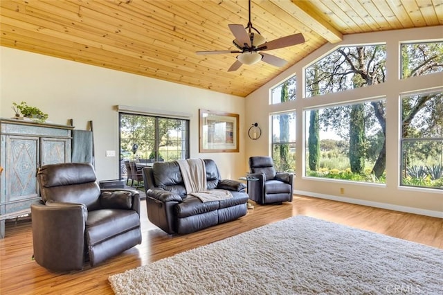 living room featuring ceiling fan, beam ceiling, light wood-type flooring, and wood ceiling