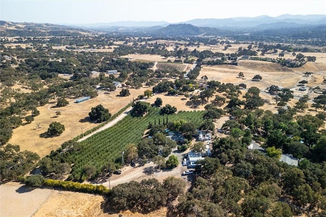 birds eye view of property featuring a mountain view and a rural view