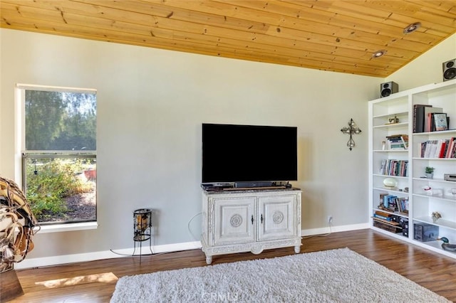 living room featuring lofted ceiling, wood-type flooring, and wood ceiling