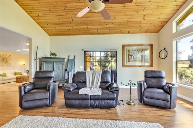 living room with lofted ceiling, wood ceiling, and light hardwood / wood-style flooring