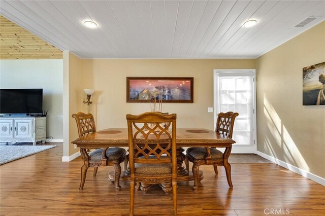 dining room featuring wooden ceiling and wood-type flooring