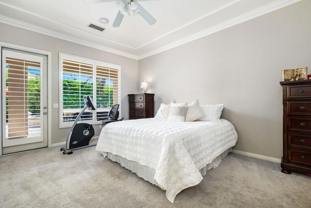 bedroom with ornamental molding, access to exterior, ceiling fan, and light colored carpet