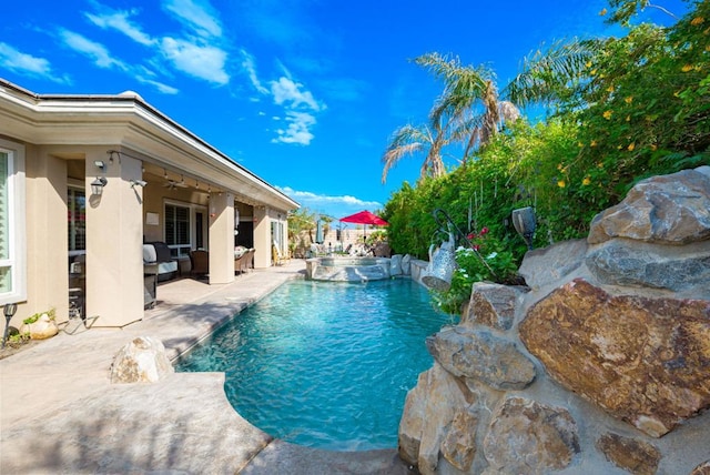 view of pool with a patio and pool water feature