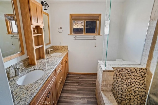 bathroom featuring vanity and wood-type flooring