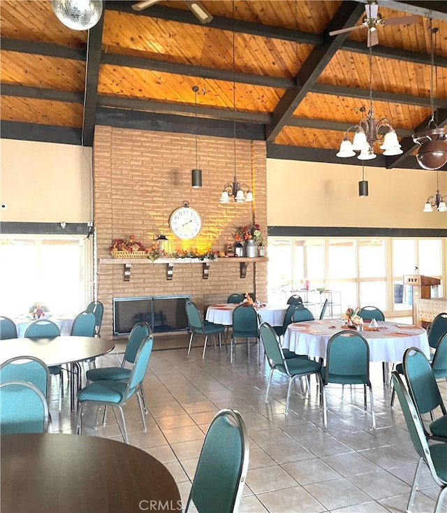 dining area featuring wooden ceiling, high vaulted ceiling, and beam ceiling