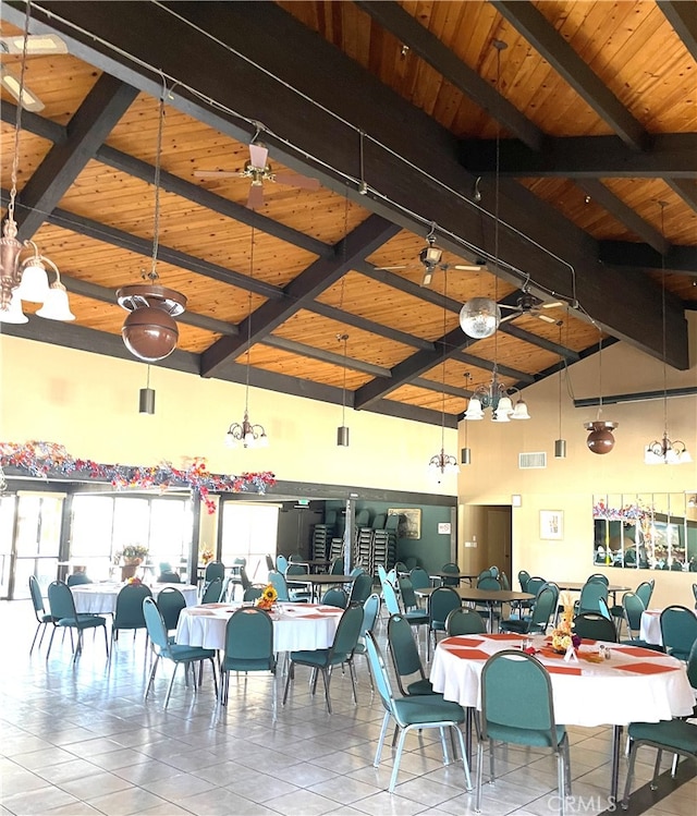 dining space featuring ceiling fan, wood ceiling, beam ceiling, and high vaulted ceiling