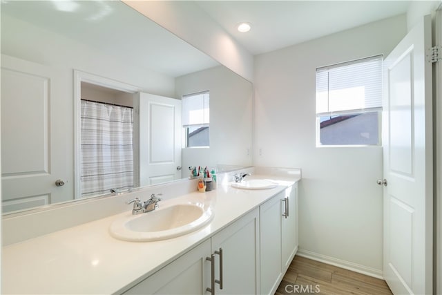 bathroom with hardwood / wood-style floors, vanity, and a healthy amount of sunlight