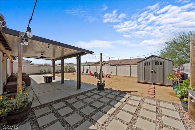 view of patio / terrace featuring a storage shed