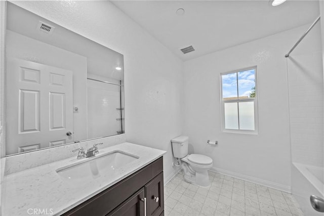 full bathroom featuring vanity, toilet, and  shower combination