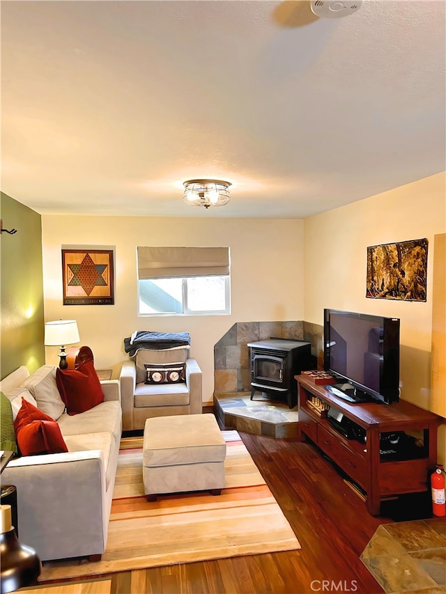 living room featuring dark hardwood / wood-style floors and a wood stove