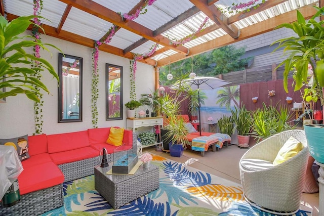 view of patio / terrace featuring an outdoor living space and a pergola