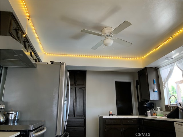 kitchen featuring dark brown cabinetry, dishwasher, and ceiling fan