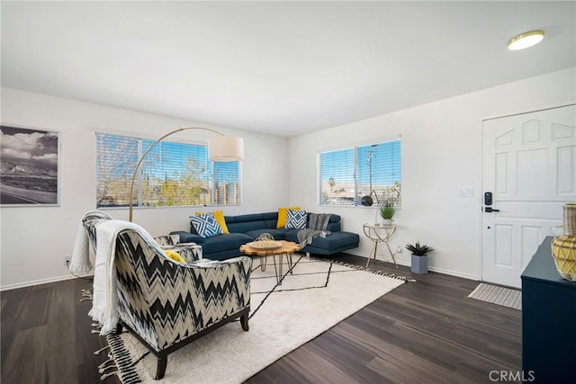 living room with dark hardwood / wood-style flooring