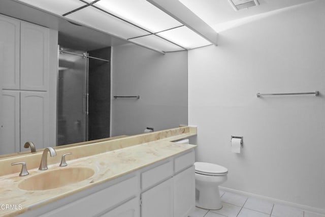 bathroom with tile patterned flooring, vanity, toilet, and a shower with door