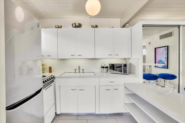 kitchen featuring white cabinets, white appliances, sink, and wood ceiling