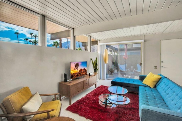 living room featuring beam ceiling