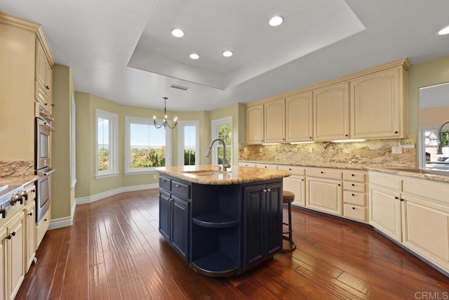 kitchen with dark hardwood / wood-style floors, a wealth of natural light, and an island with sink