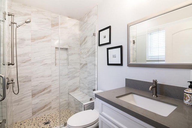 bathroom featuring a shower stall, vanity, and toilet