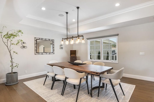 dining space featuring a raised ceiling, baseboards, and dark wood-type flooring