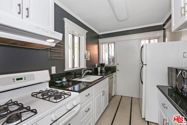 kitchen featuring white cabinetry, sink, white appliances, and ornamental molding