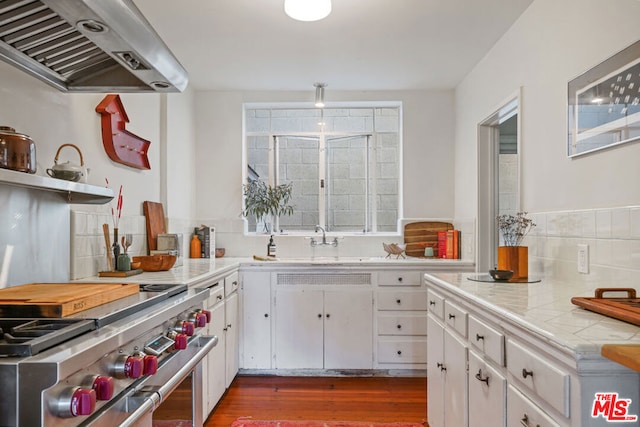 kitchen with white cabinetry, dark hardwood / wood-style flooring, tile countertops, range hood, and high end range