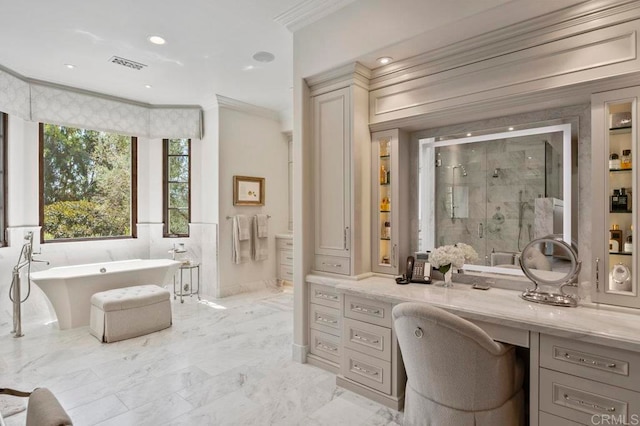 bathroom with shower with separate bathtub, vanity, and crown molding