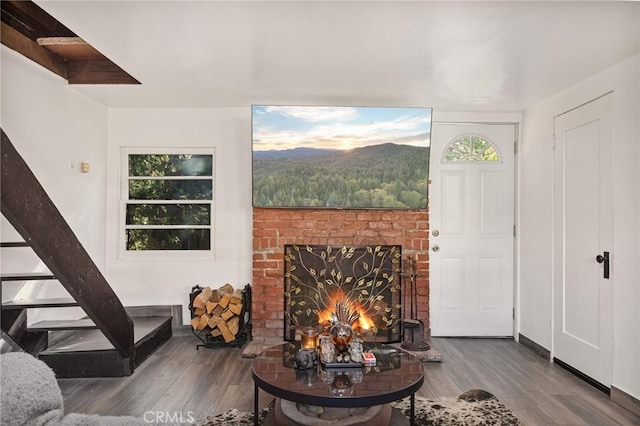 living room with a fireplace, a mountain view, and hardwood / wood-style floors