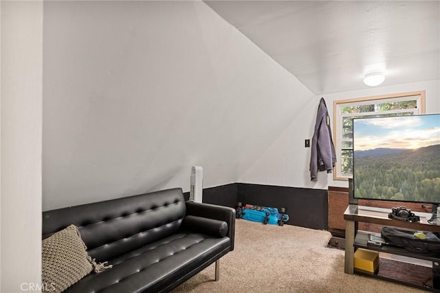 sitting room with carpet and vaulted ceiling