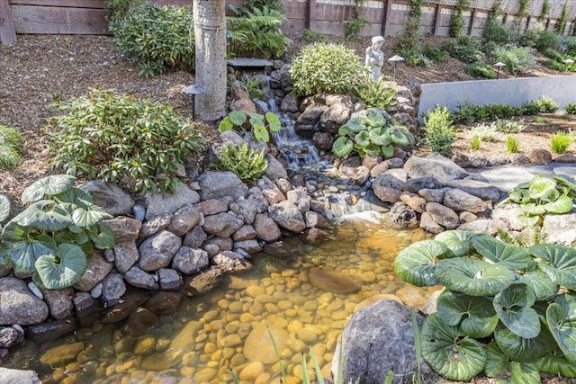 view of yard featuring a small pond