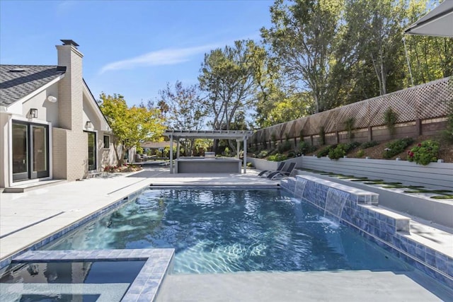 view of pool featuring a pergola, a patio area, and pool water feature