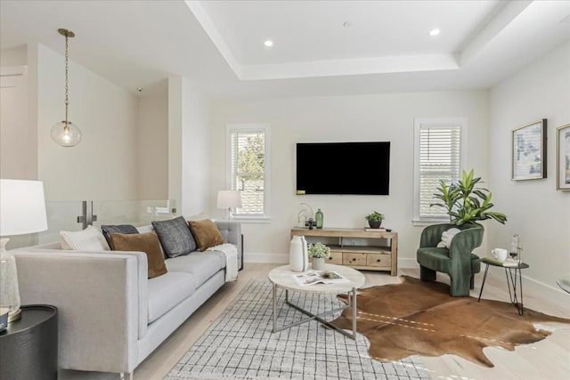 living room featuring a tray ceiling and light hardwood / wood-style floors