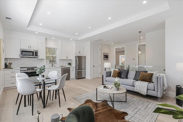 living room with a raised ceiling and light hardwood / wood-style flooring