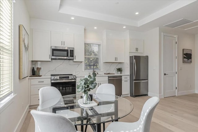 kitchen with appliances with stainless steel finishes, plenty of natural light, backsplash, a tray ceiling, and white cabinets