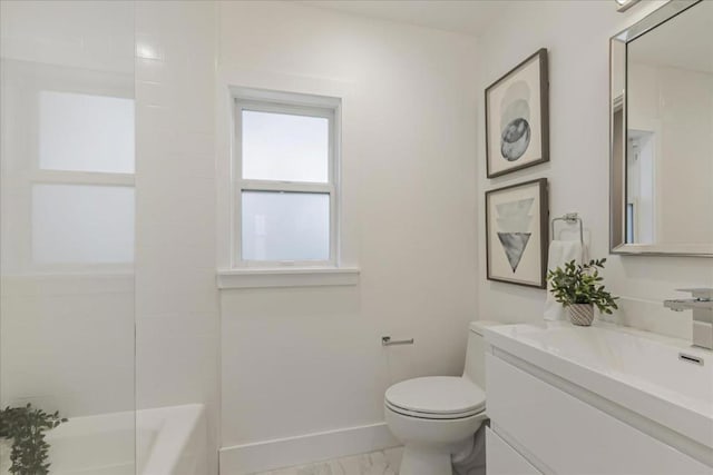 full bathroom with toilet, vanity, and washtub / shower combination