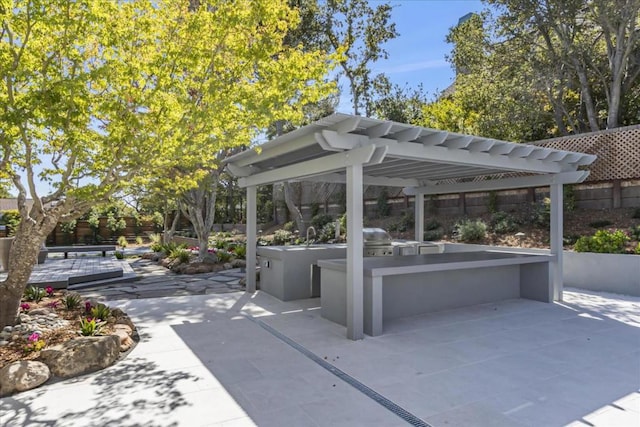 view of patio / terrace with an outdoor kitchen, area for grilling, and a pergola